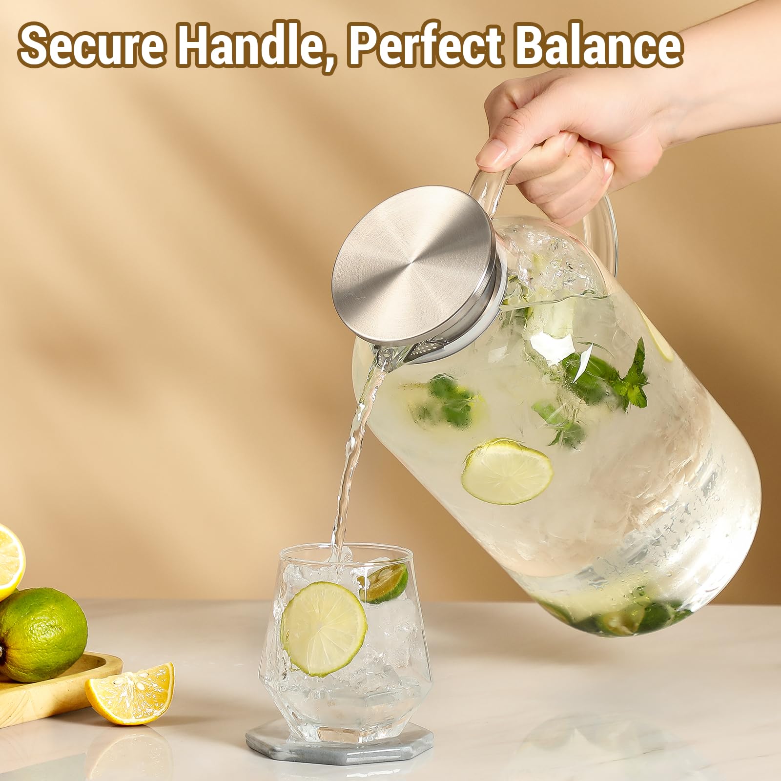 Pouring iced tea or juice from the Snuvid pitcher with a steady grip.