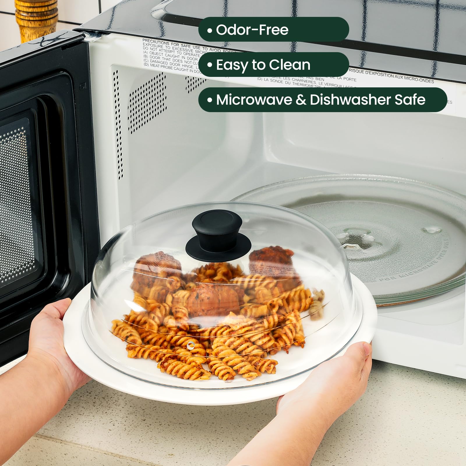 Snuvid steam vent holes promote safe steam release and even heating.