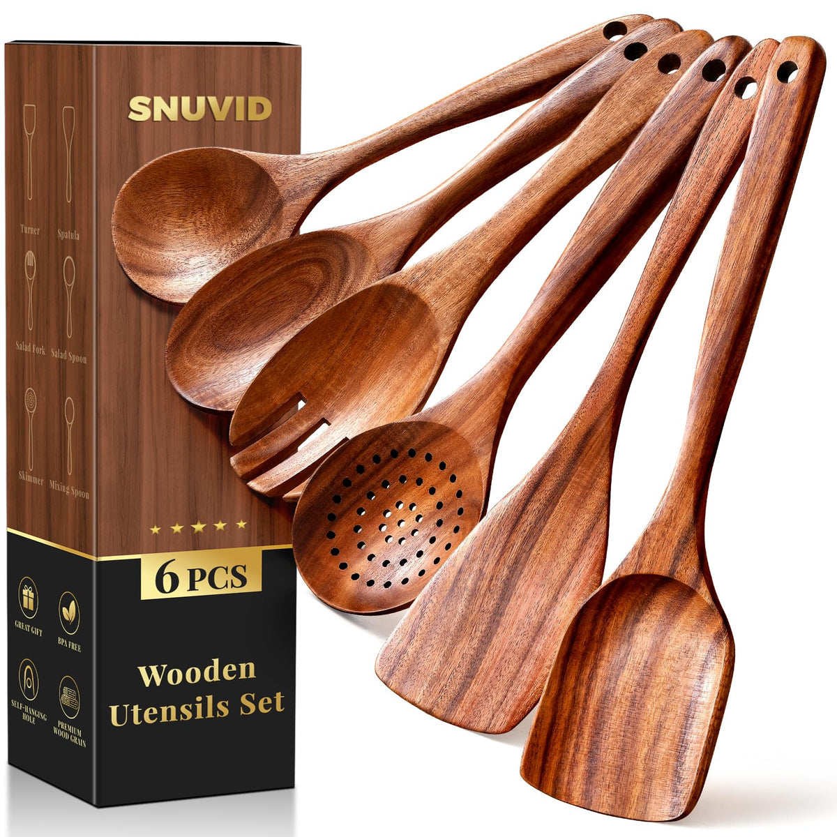 Snuvid teak wood turner for nonstick cookware and scratch-free cooking.