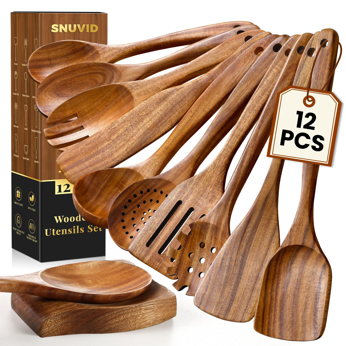 Snuvid teak wood turner on nonstick pan, gentle turning and protection.