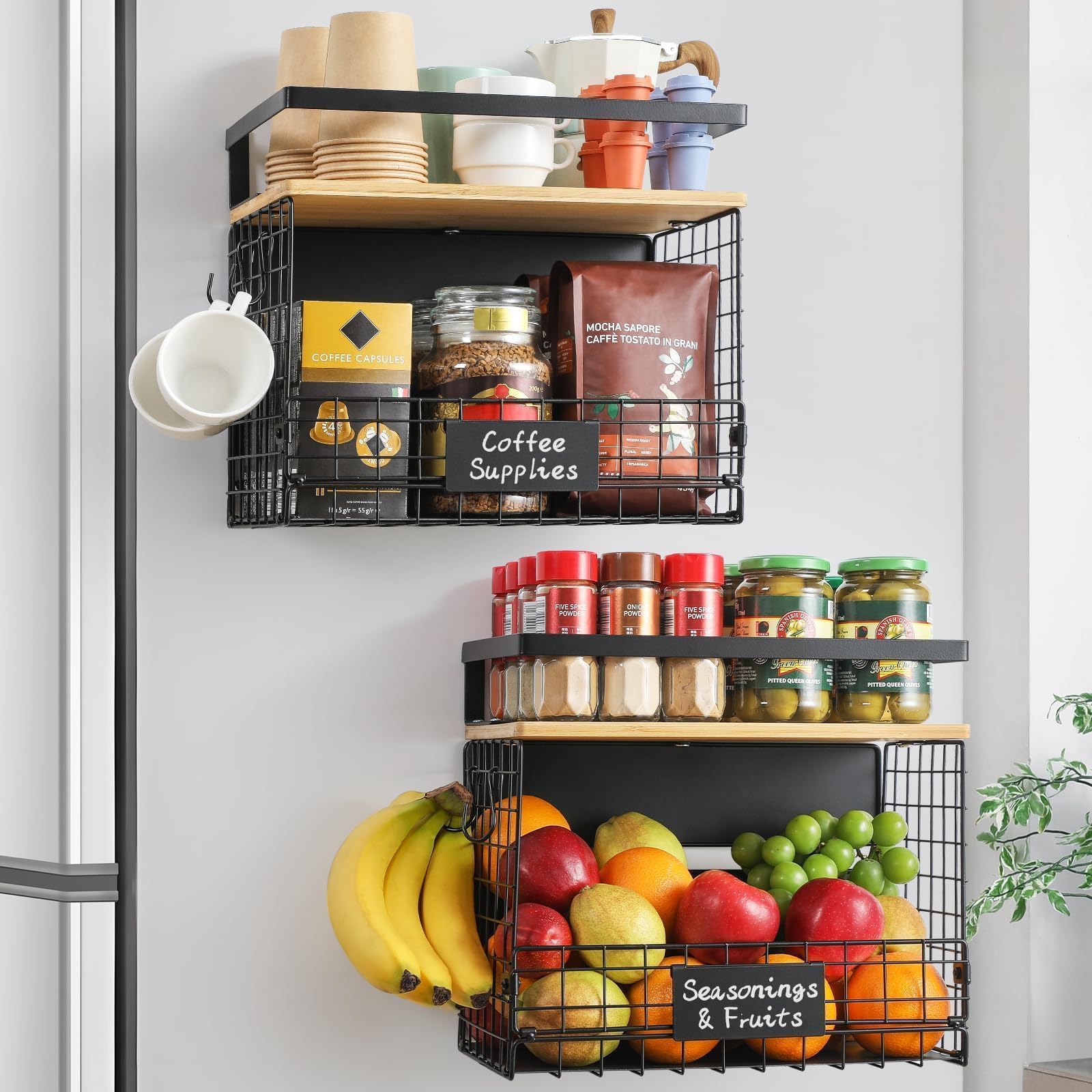 Snuvid WIDER SHELF basket on fridge side keeps spices neatly organized.