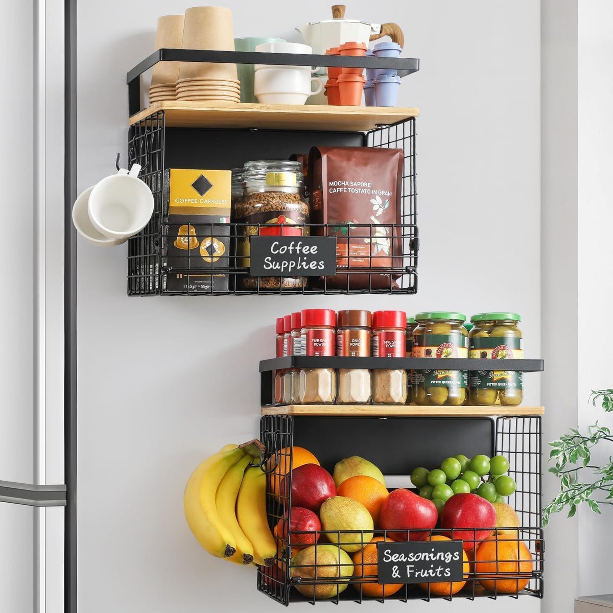 Snuvid WIDER SHELF basket on fridge side keeps spices neatly organized.