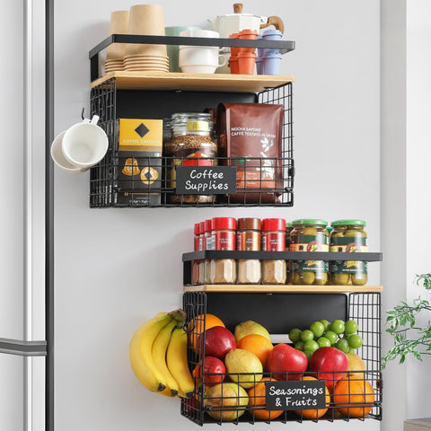 Snuvid WIDER SHELF basket on fridge side keeps spices neatly organized.