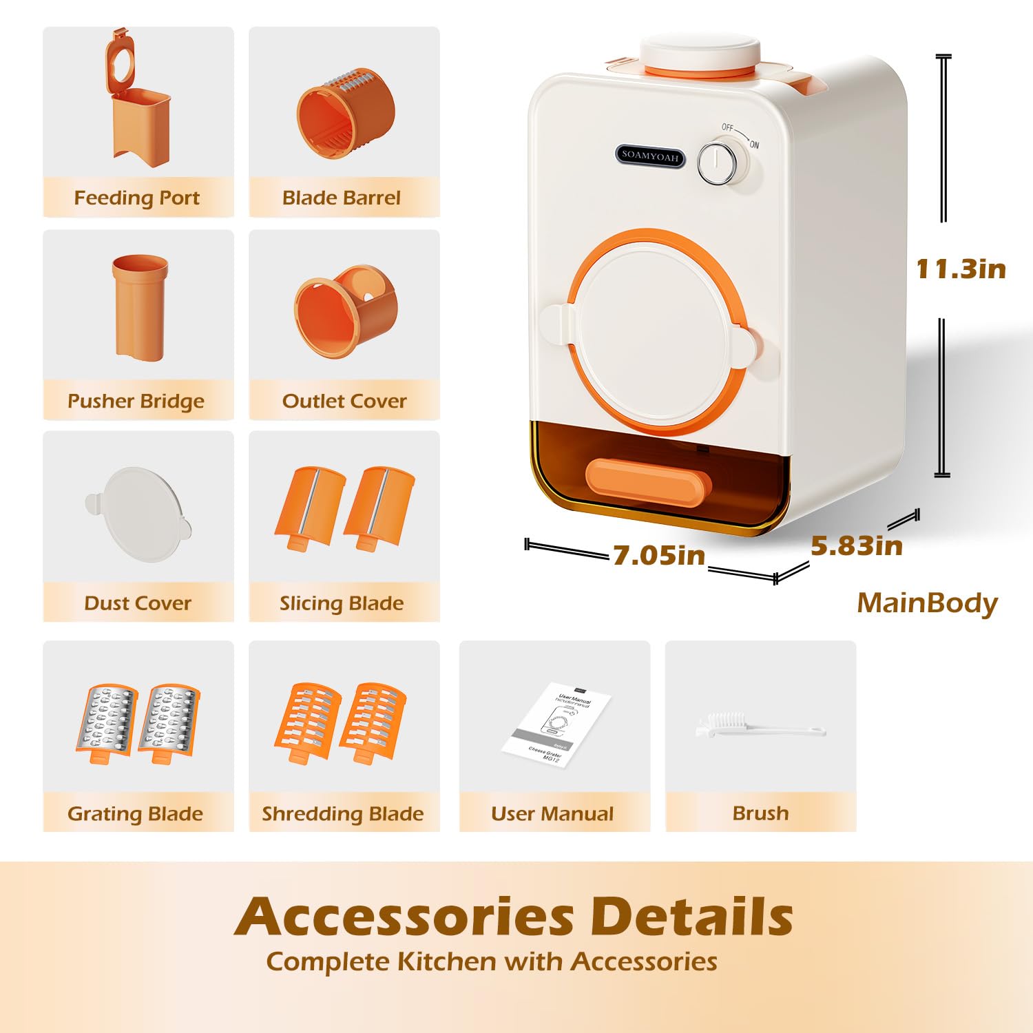SOAMYOAH durable stainless steel blades for long-lasting slicing and shredding.