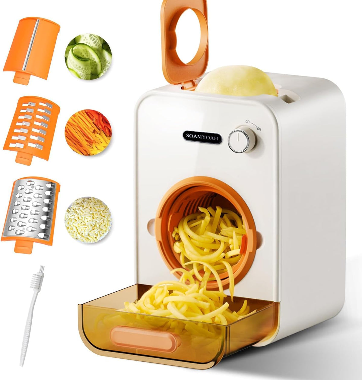 SOAMYOAH electric cheese grater with three blades for effortless home prep.