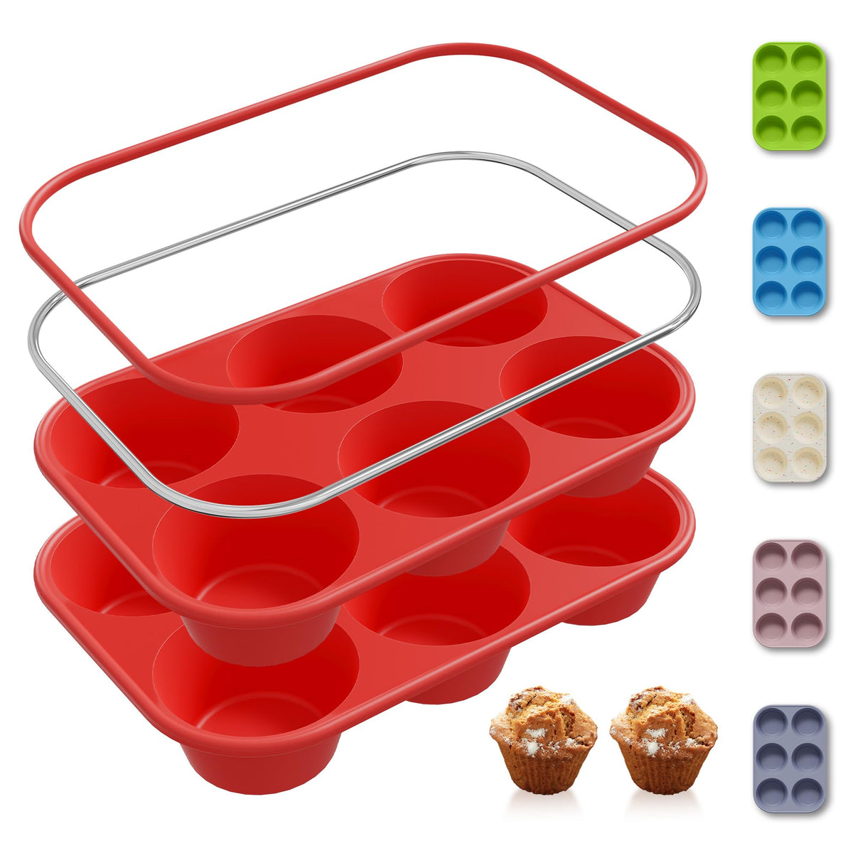Socisen 2-pack six-cup silicone muffin pan with reinforced frame keeps perfect shapes