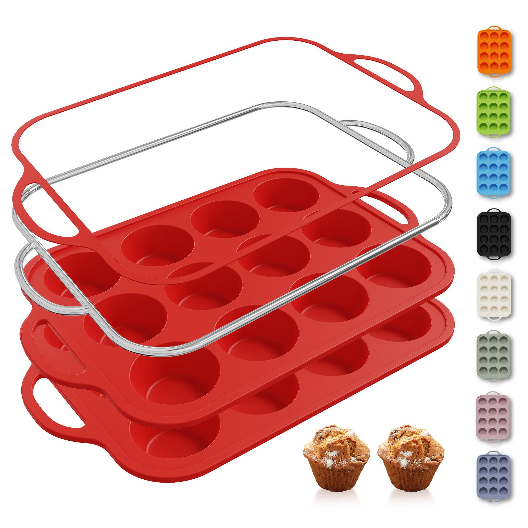 Socisen 2-pack 12-cup muffin pan with metal frame for stable baking and repeatable cups.