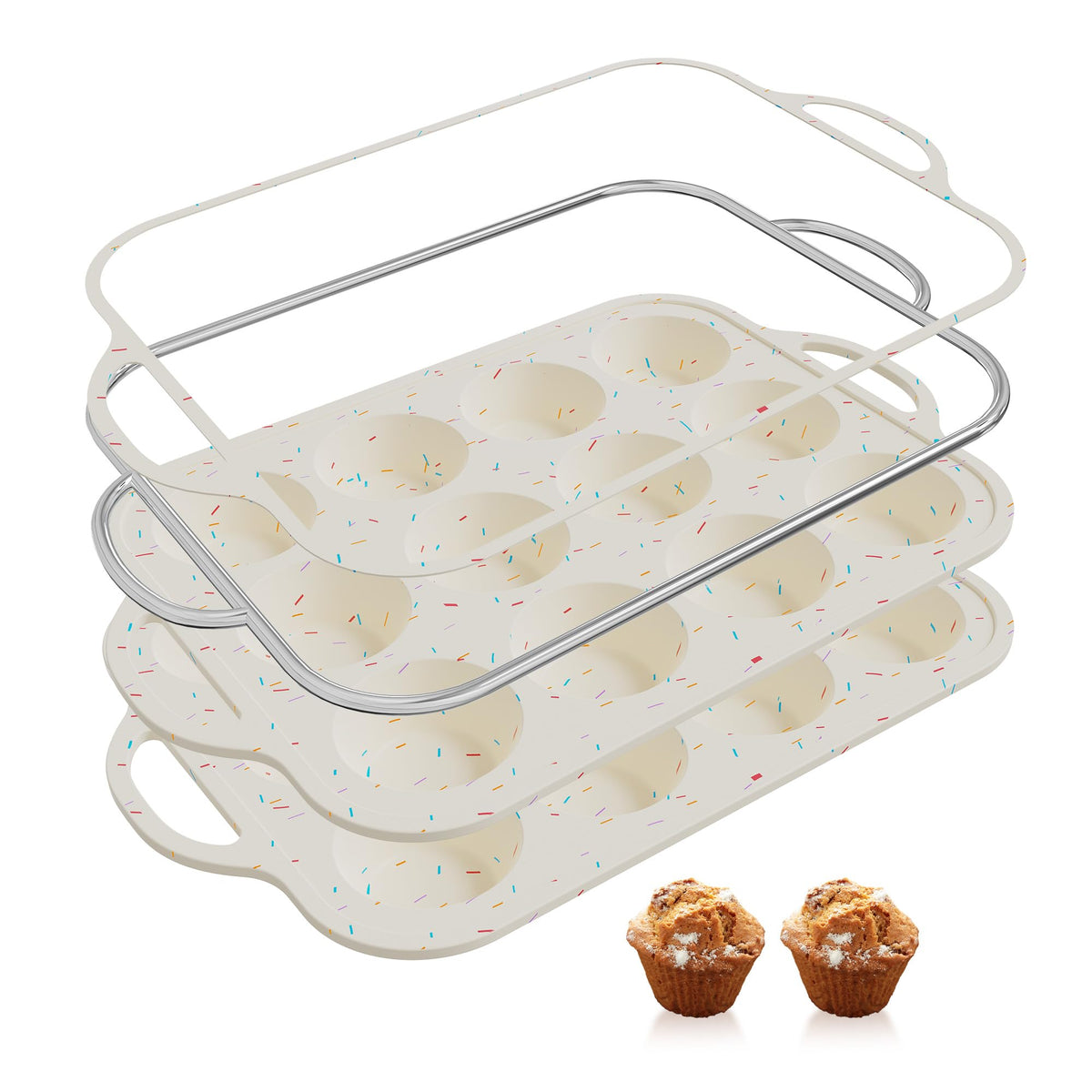 Socisen 2-pack silicone muffin pan with reinforced frame for stable, spill-free oven transfer.