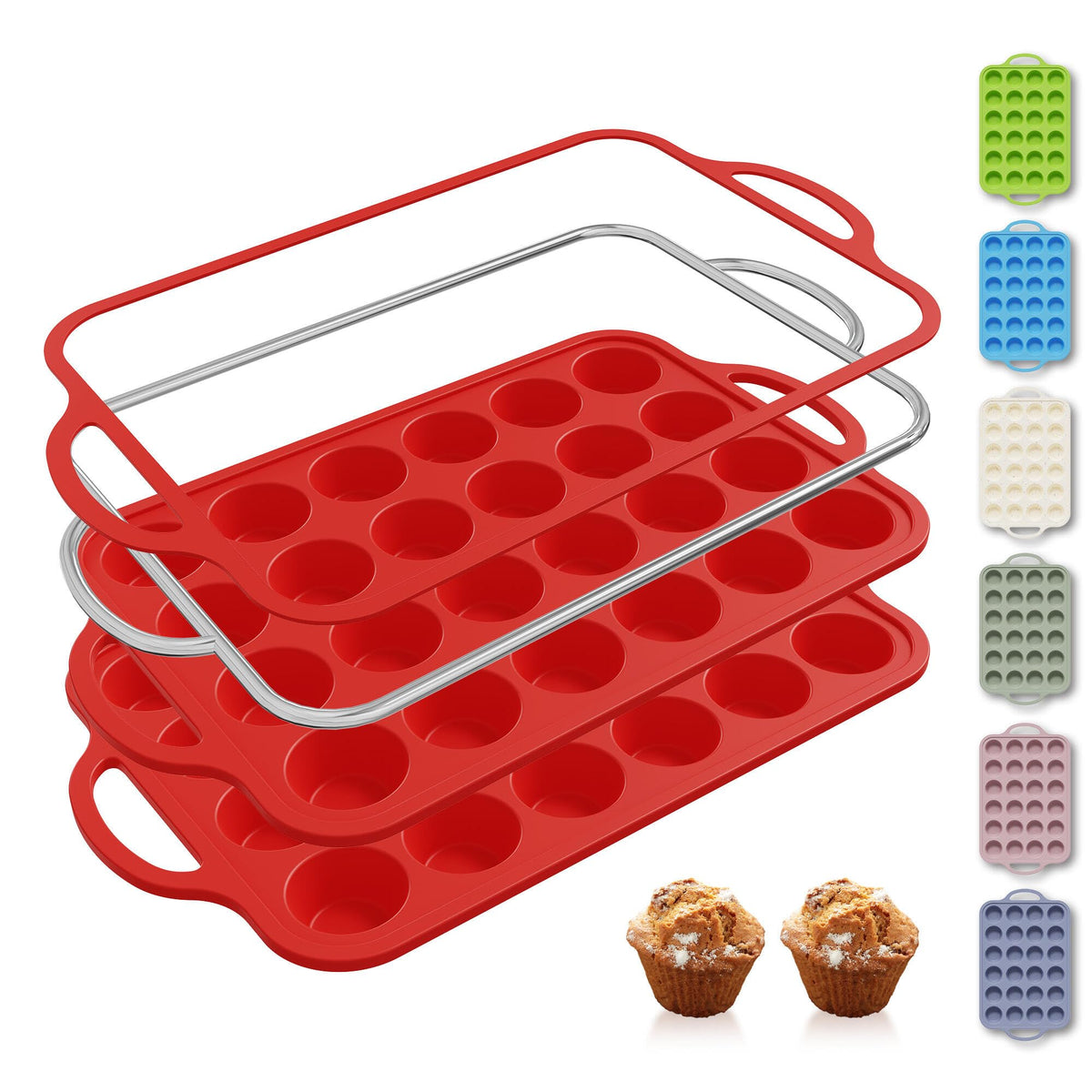 Socisen two-pack silicone muffin pan for 24 cups, ideal for batch baking.