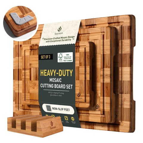 Socisen 3-pack bamboo cutting boards with natural grain for organized meal prep.