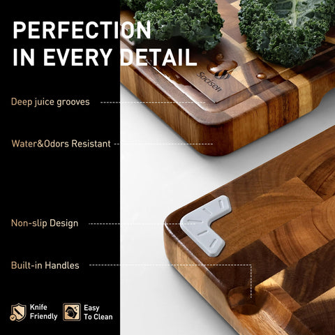 Socisen acacia wood satin finish offers smooth feel and knife protection.