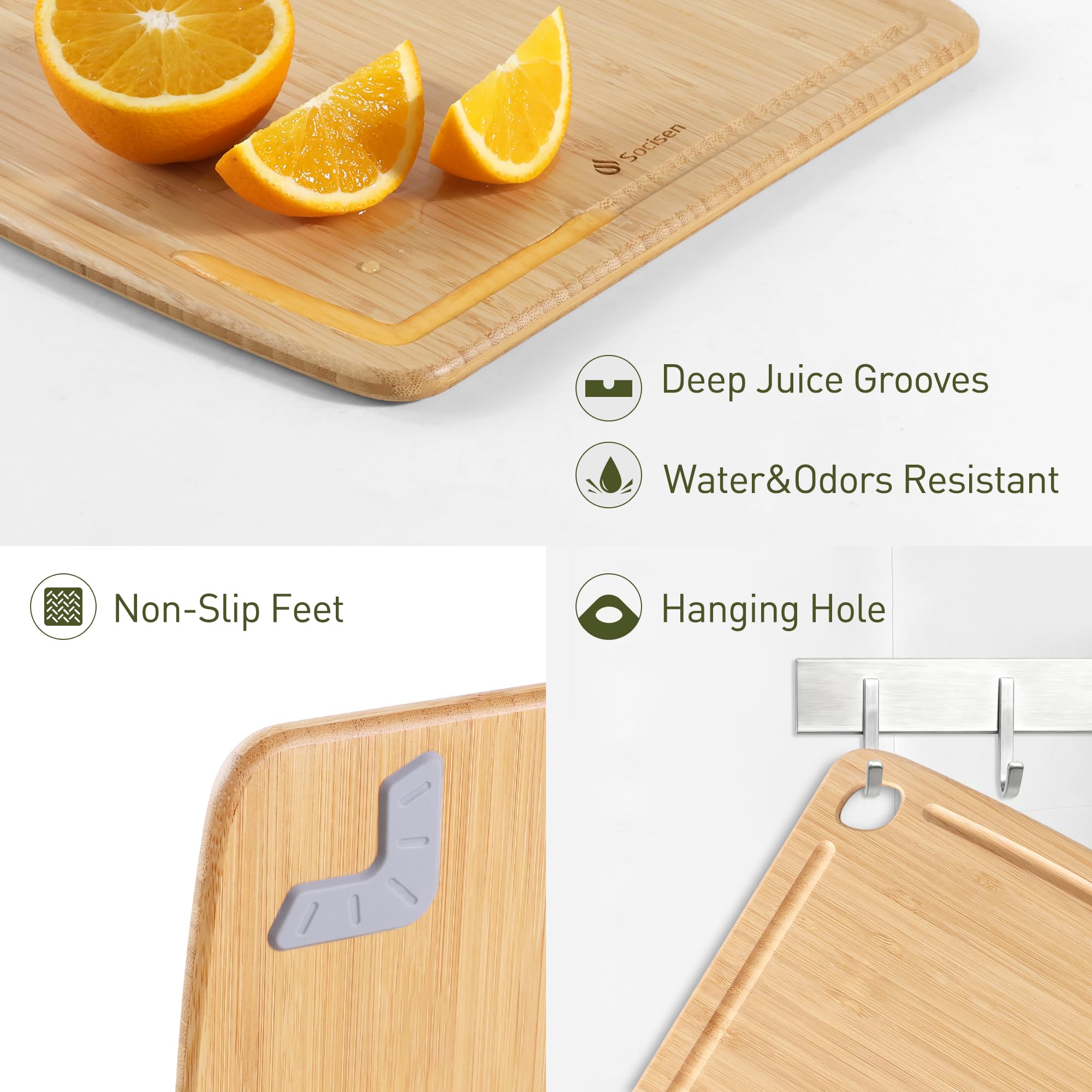 Socisen bamboo board's juice groove catches liquids while slicing.