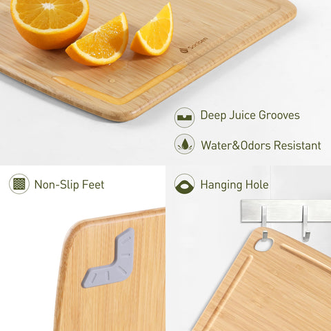 Socisen bamboo board's juice groove catches liquids while slicing.
