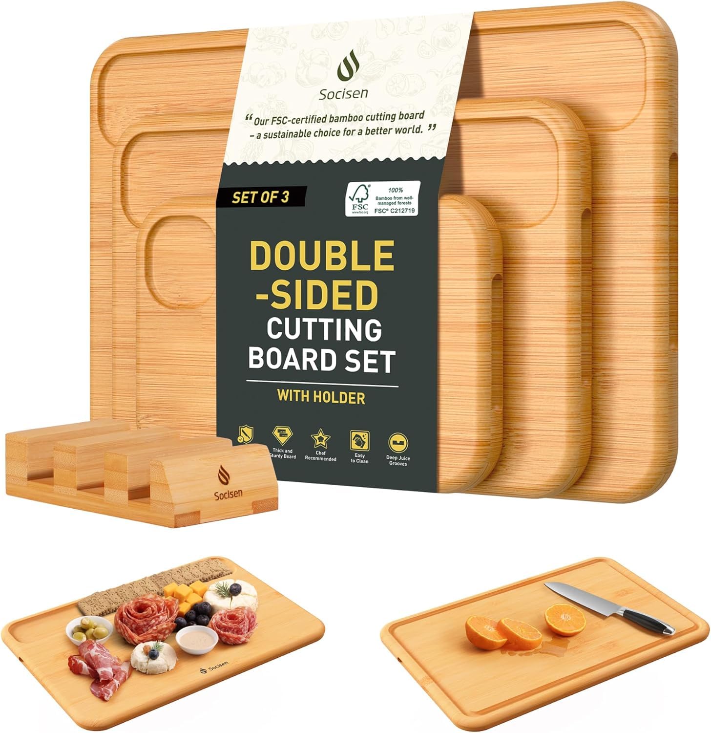 Socisen 15-by-10 inch bamboo cutting board ready for meal prep and chopping.
