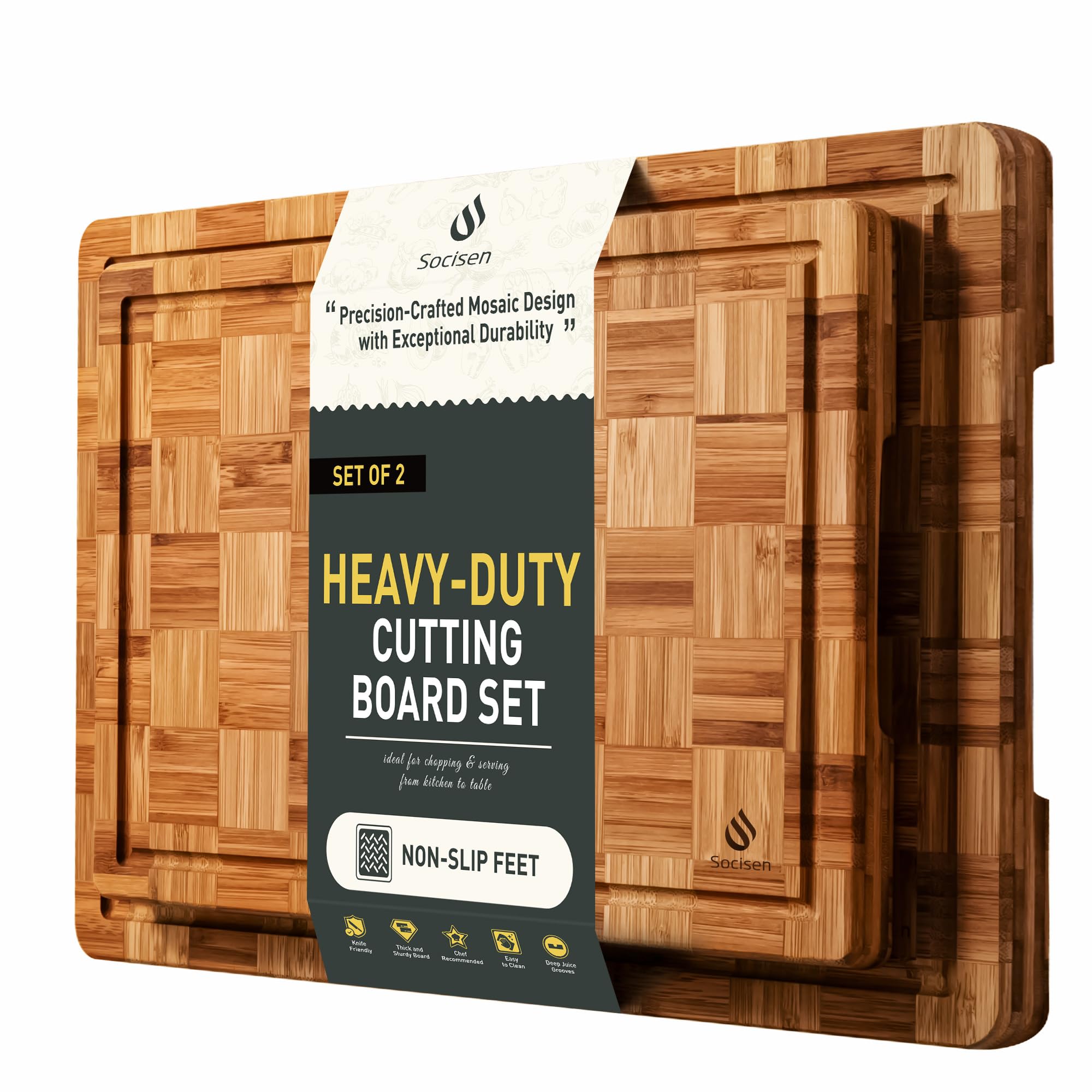 Socisen two-pack bamboo cutting boards with non-slip feet for stable prep