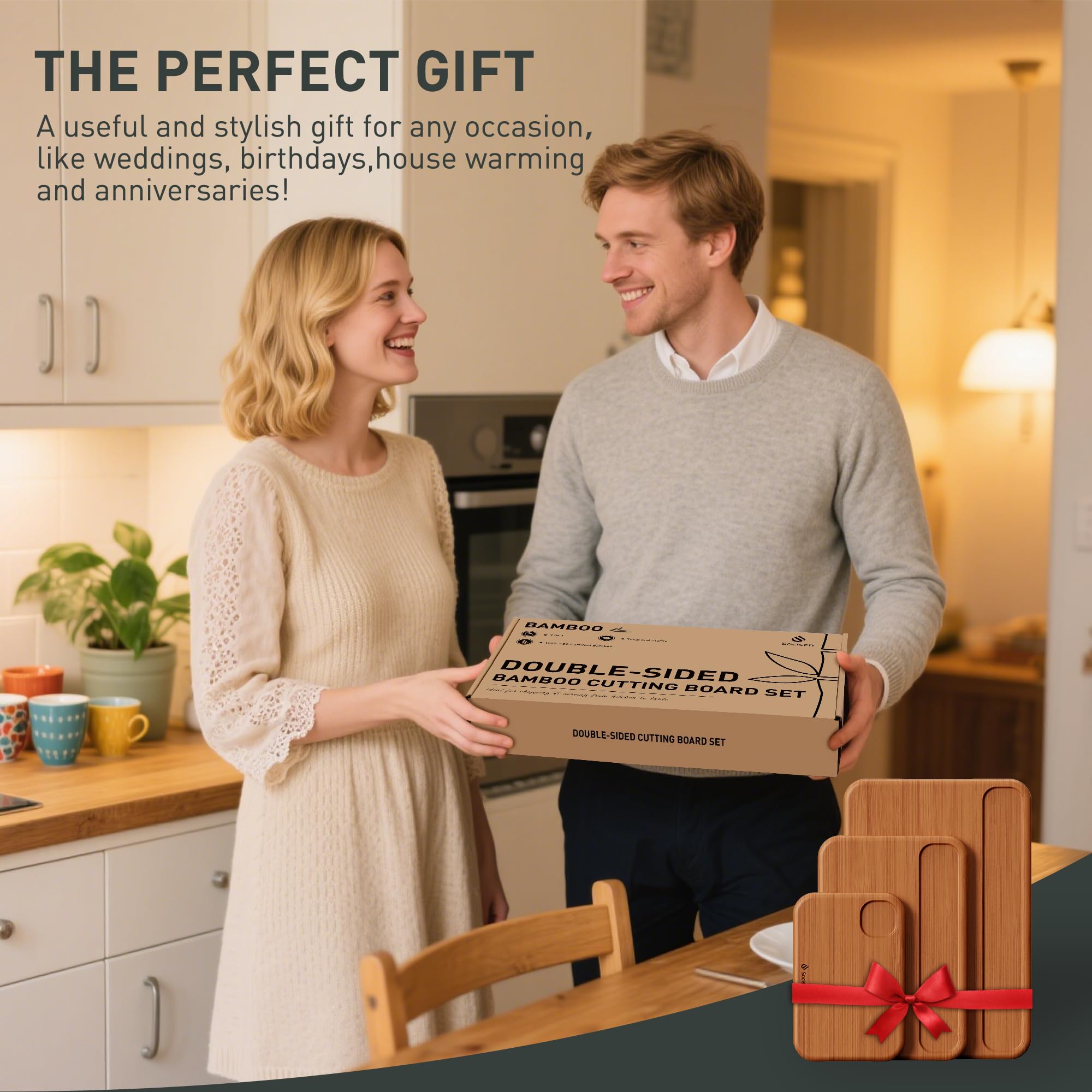 Socisen board with built-in handles for easy carrying from prep to table.