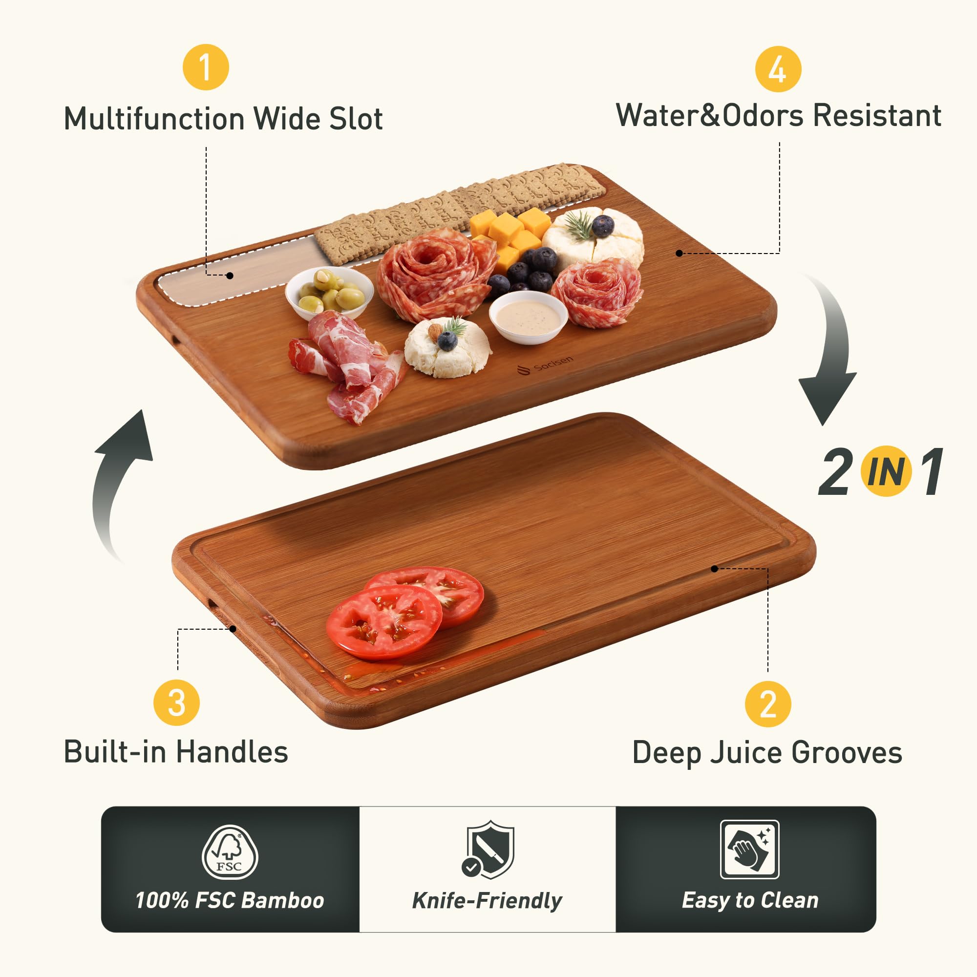 Socisen dual-side design board for chopping and elegant serving on a single surface.