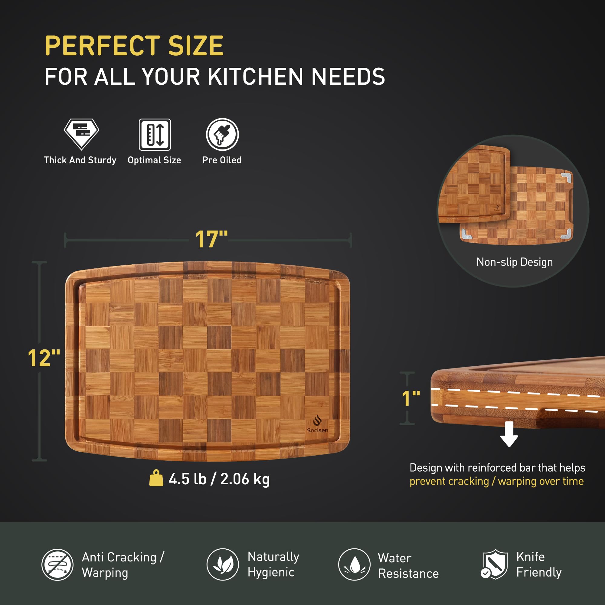 Socisen bamboo cutting board features a five-layer thick build for lasting durability.