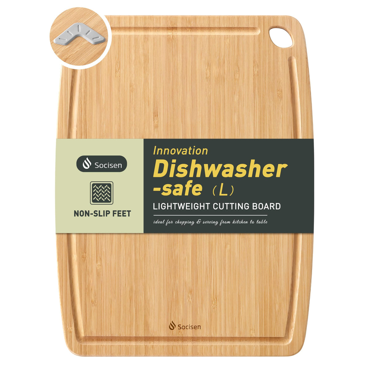 Socisen bamboo cutting board, lightweight design for quick prep and easy storage.