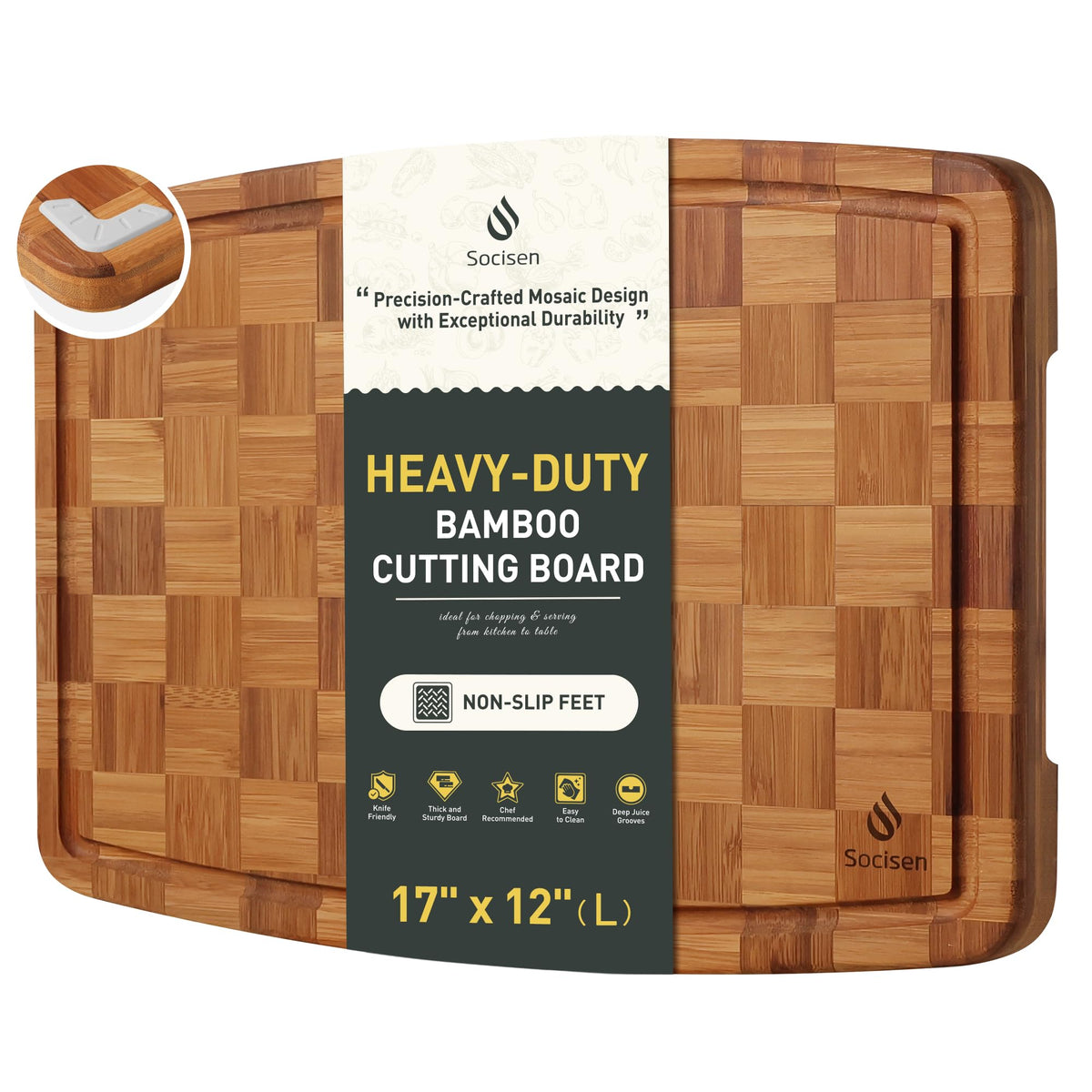 Socisen bamboo cutting board with non-slip design keeps prep steady while chopping.