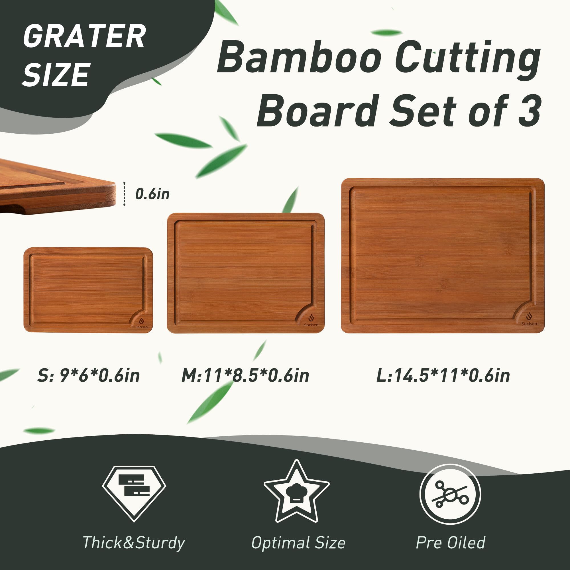 Socisen bamboo cutting board featuring non-slip feet for steady slicing.