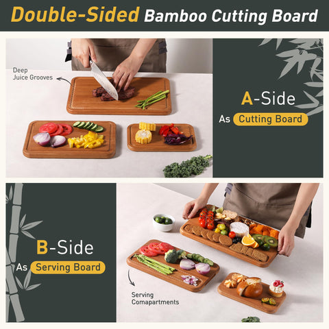 Socisen bamboo cutting board set (12x8in) versatile for vegetables and fruits and compact storage.