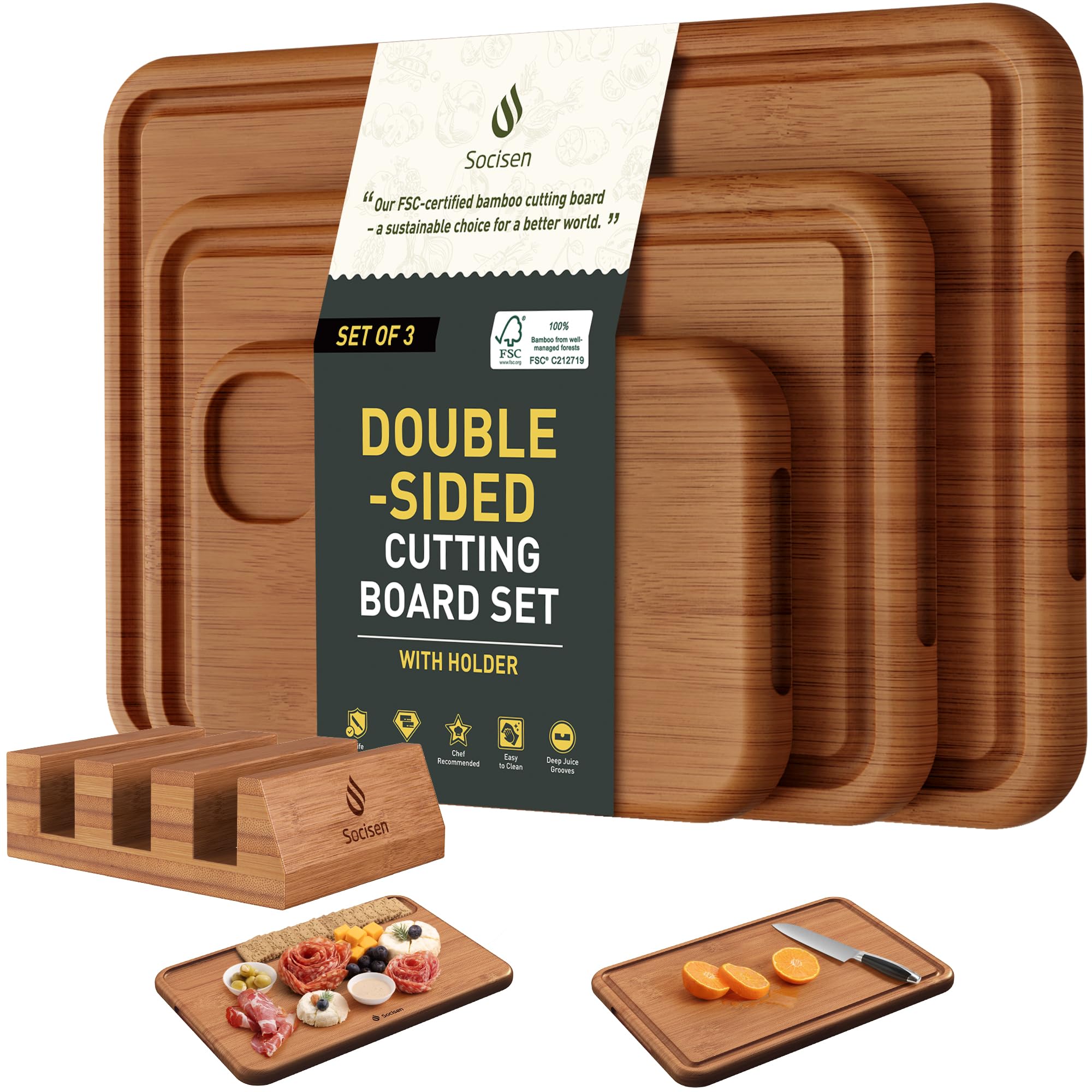 Socisen bamboo cutting board set with holder on the counter for easy prep.