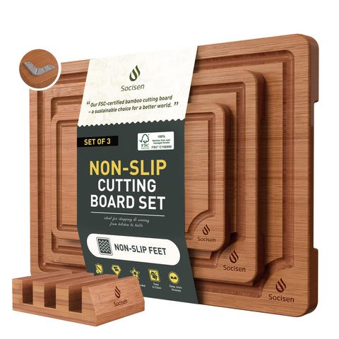 Socisen bamboo cutting board set with non-slip feet for stable prep.