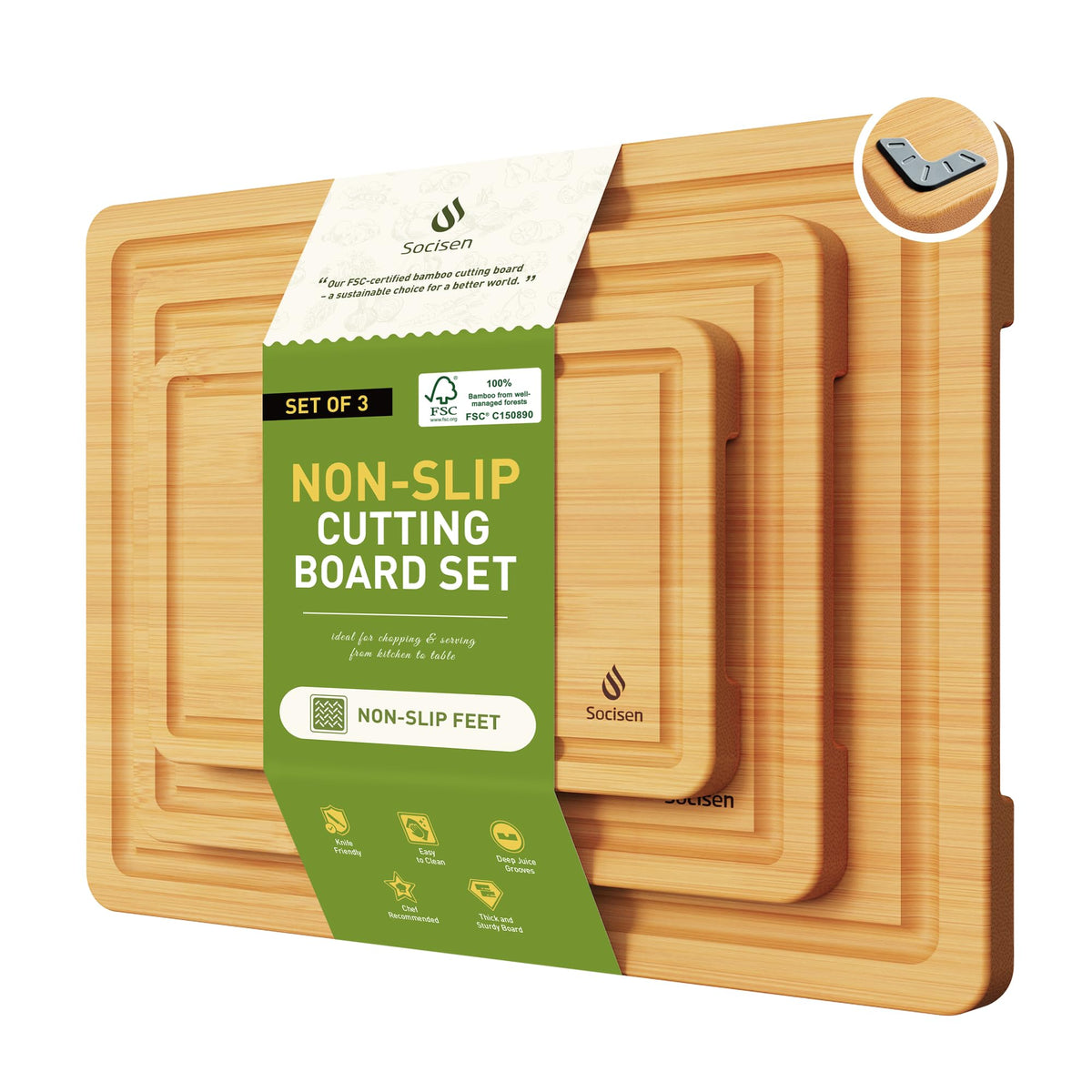 Socisen bamboo cutting board set over sink with non-slip feet for stable prep