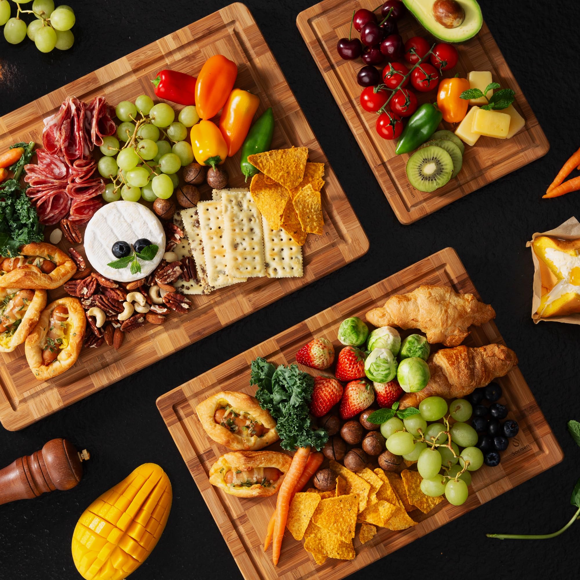 Socisen board in use for dicing veggies and fruit prep.