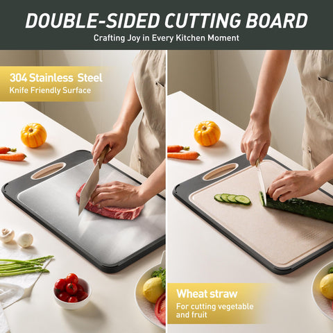 Socisen cutting board shows built-in juice groove for liquids.