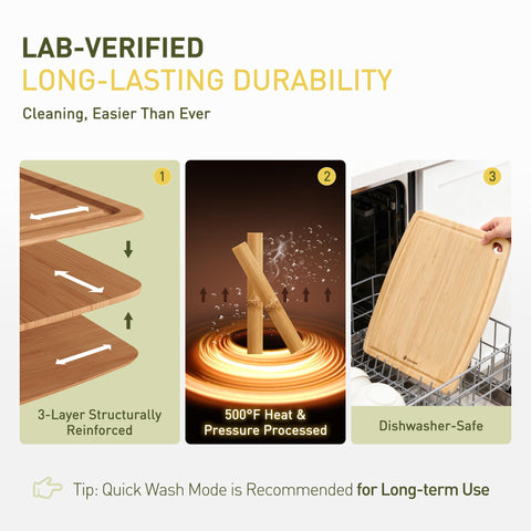 Socisen cutting board with non-slip feet stays steady on smooth counters during chopping.