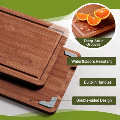 Socisen bamboo board with non-slip feet stays steady during chopping.
