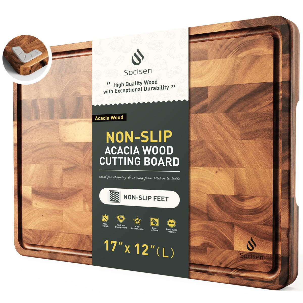 Socisen end-grain cutting board with acacia wood surface, knife-friendly for daily prep.