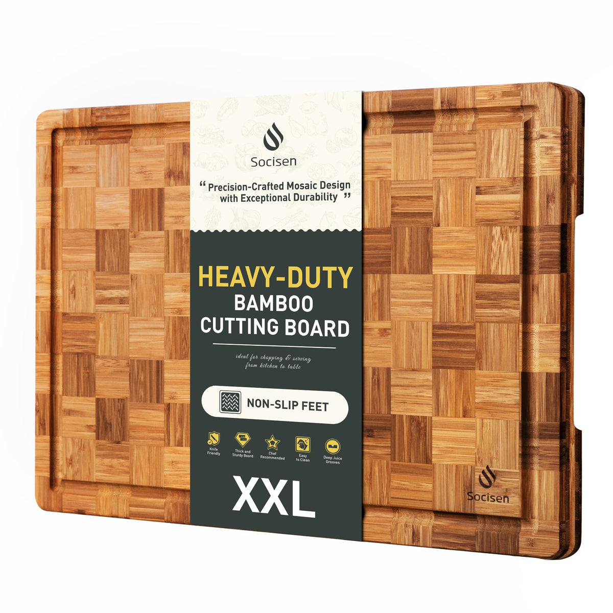 Socisen extra-large bamboo cutting board with non-slip feet for stable prep