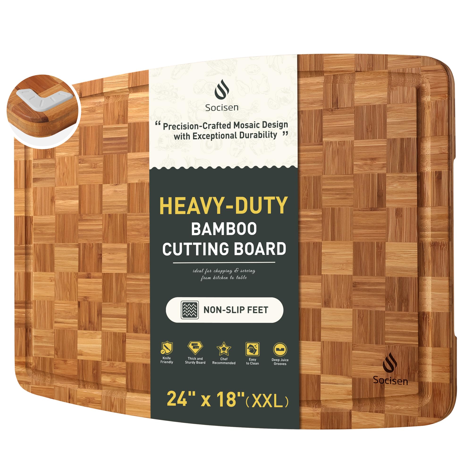 Socisen extra-large bamboo cutting board with non-slip feet for stable chopping