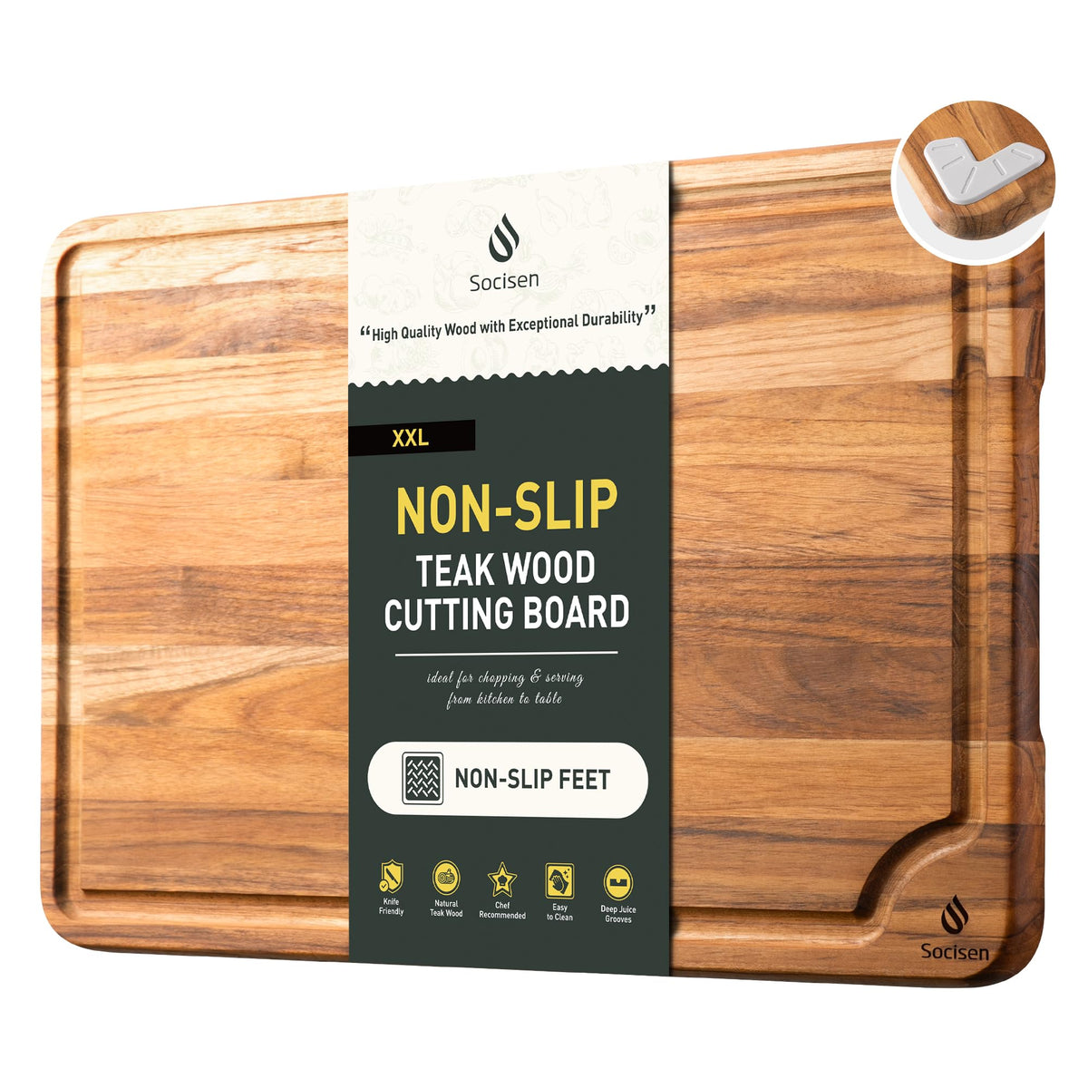 Socisen extra-large teak cutting board with a 20-inch surface for large prep tasks.
