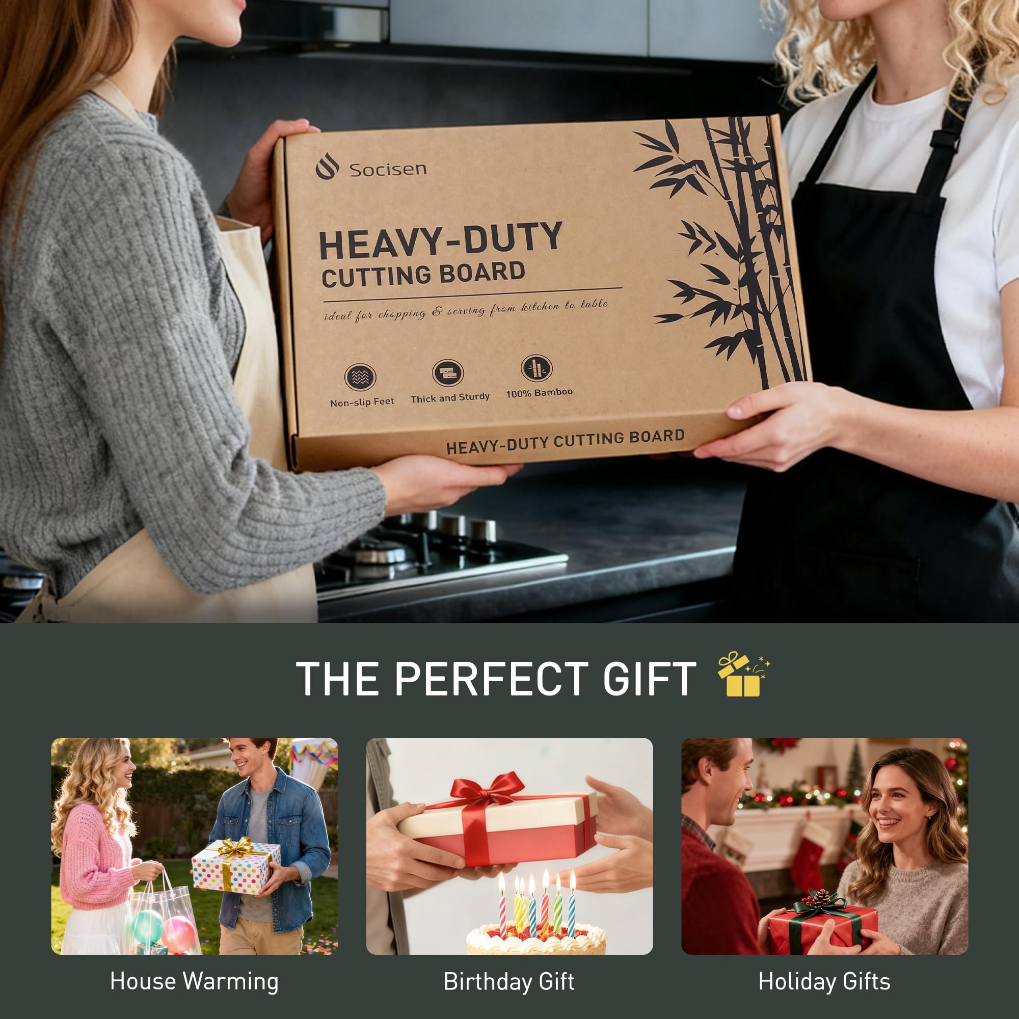 Socisen gift-ready bamboo board showcases natural grain for stylish kitchen gifting