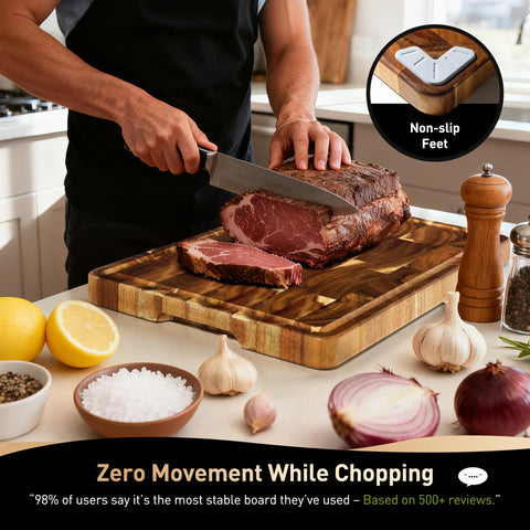 Socisen juice groove cutting board channels liquids for clean counters.