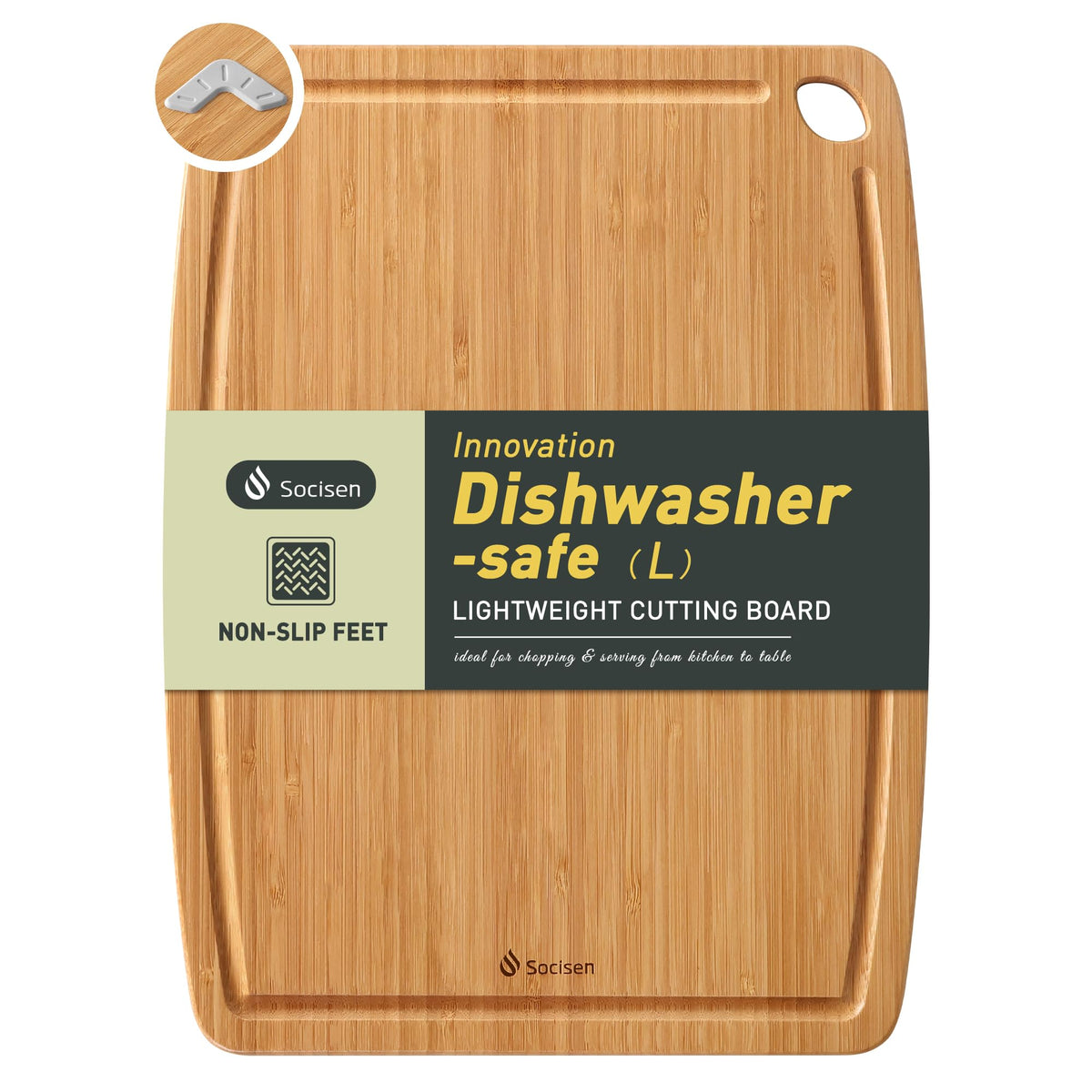 Socisen lightweight bamboo cutting board with anti-slip feet for stable prep
