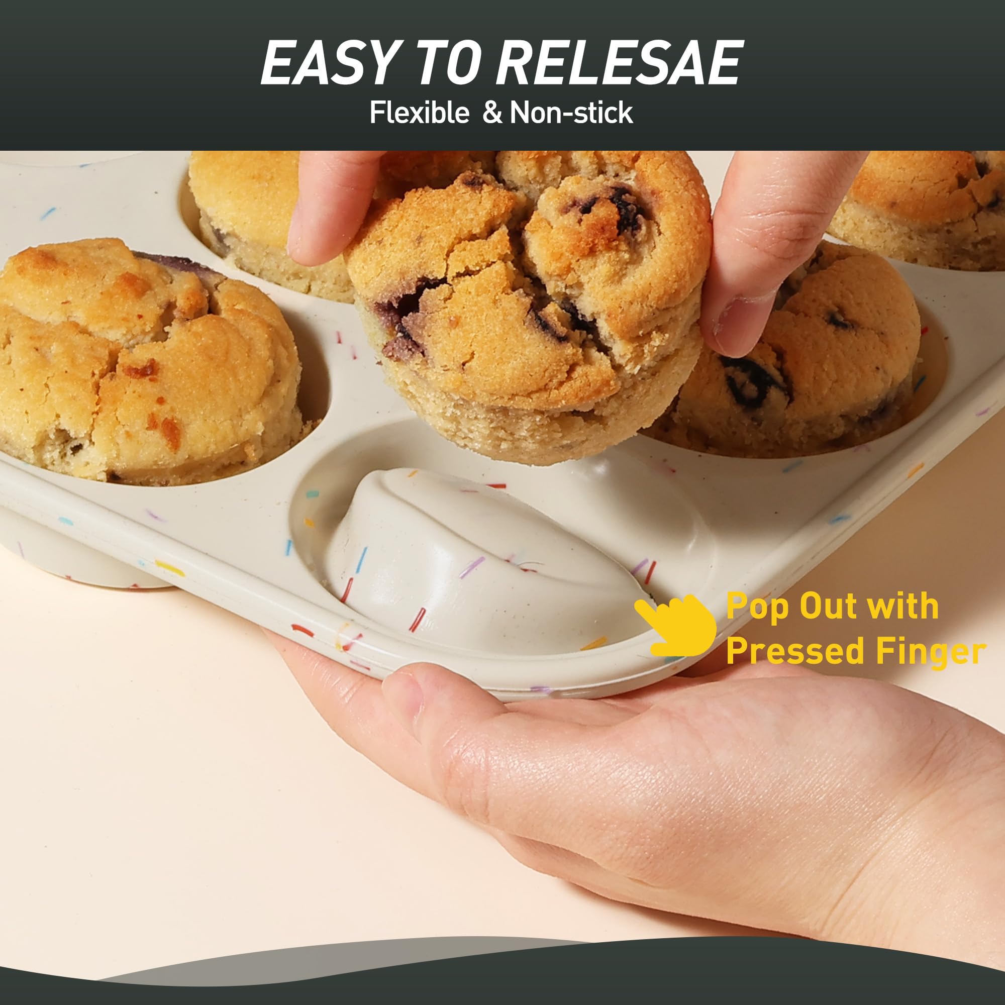 Socisen nonstick surface releases cupcakes with a gentle push