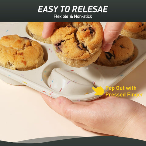 Socisen nonstick surface releases cupcakes with a gentle push