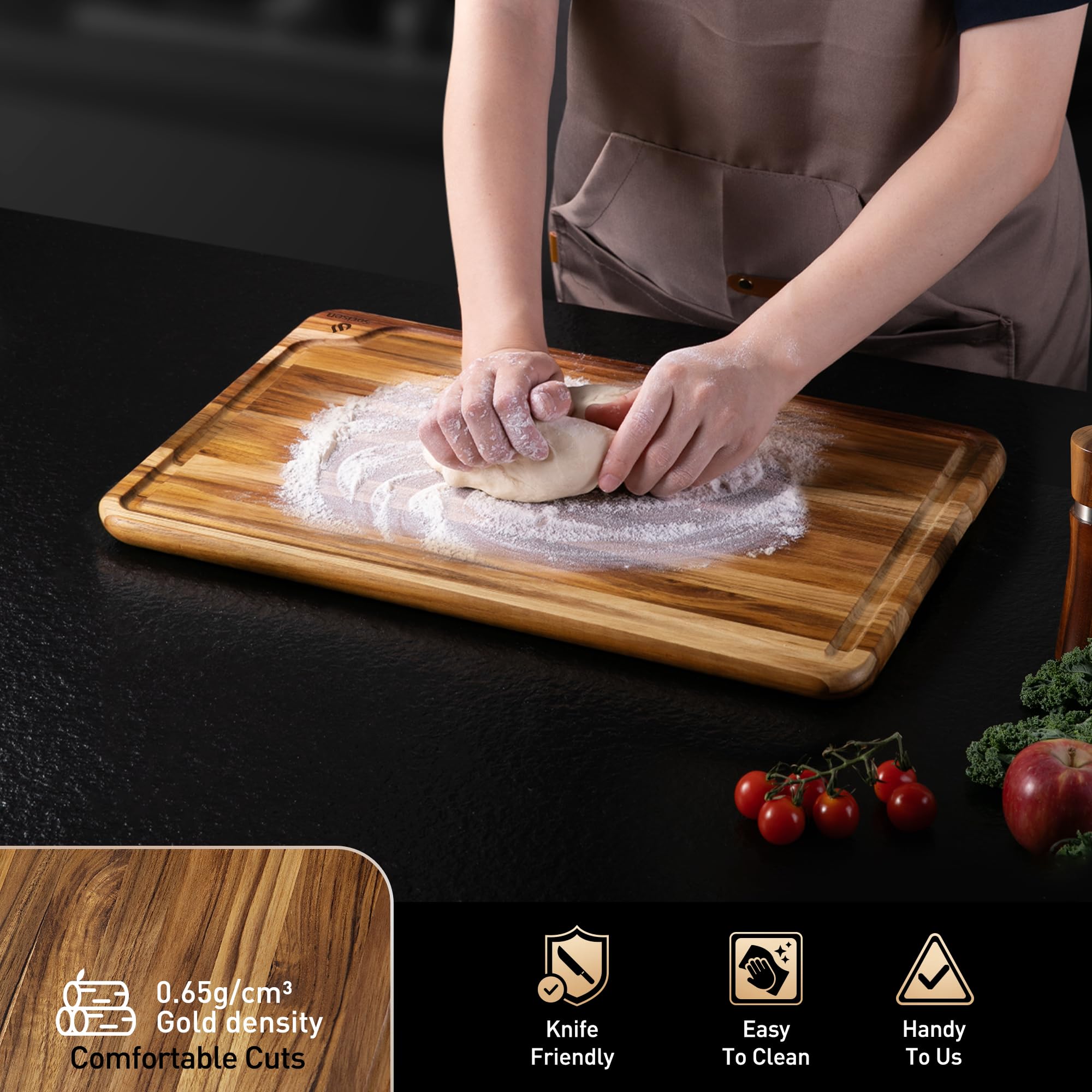 Socisen 17-inch board in use with knife for prep tasks