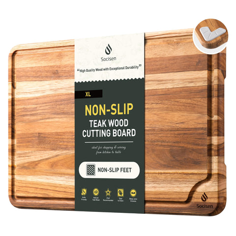 Socisen teak cutting board 17-inch with non-slip base for stable slicing