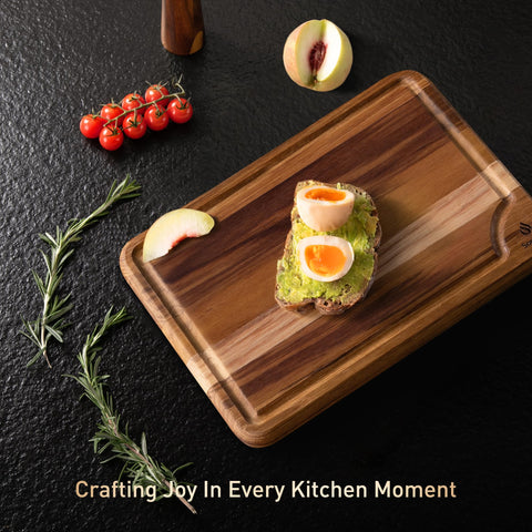 Socisen natural teak grain adds beauty to kitchen prep.