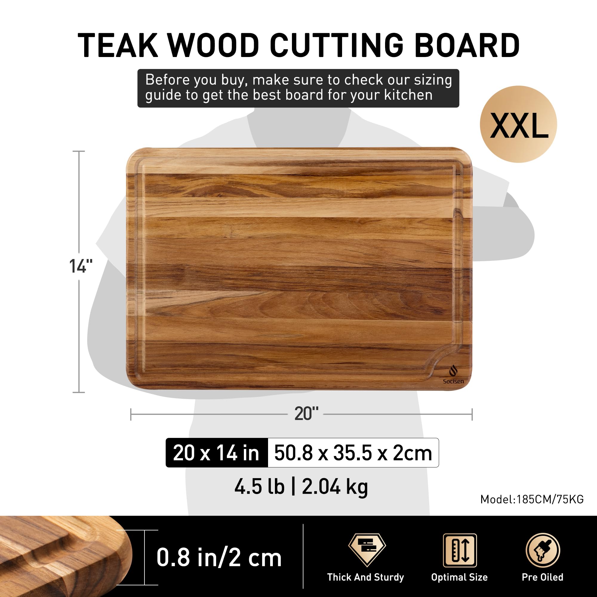 Socisen teak cutting board with non-slip base for stable prep.