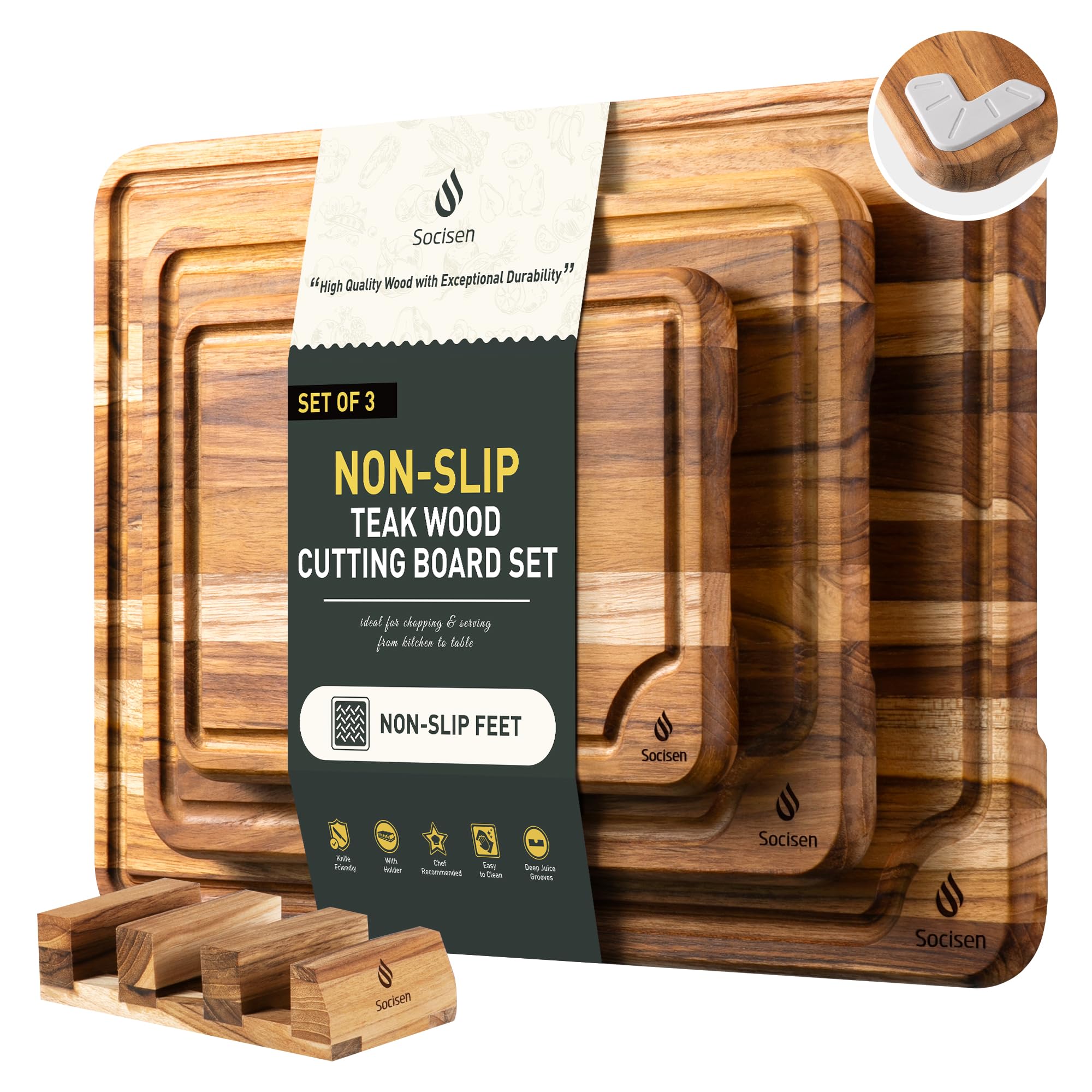 Socisen teak cutting boards 10-inch overview for precise slicing and serving.