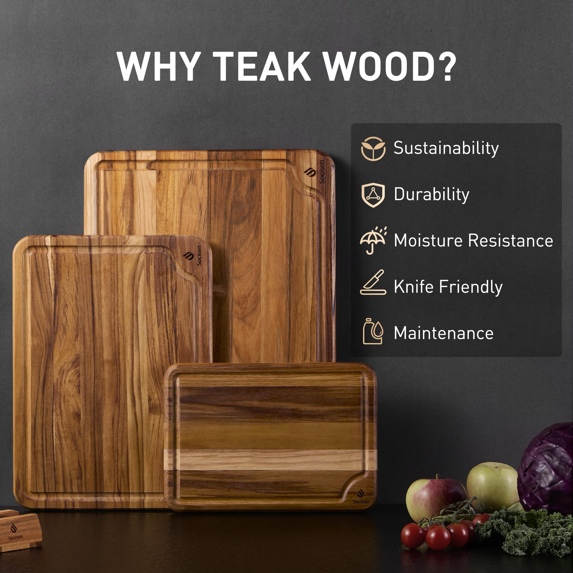 Socisen teak cutting boards 13-inch side view showing edge and stability.