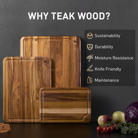 Socisen teak cutting boards 13-inch side view showing edge and stability.