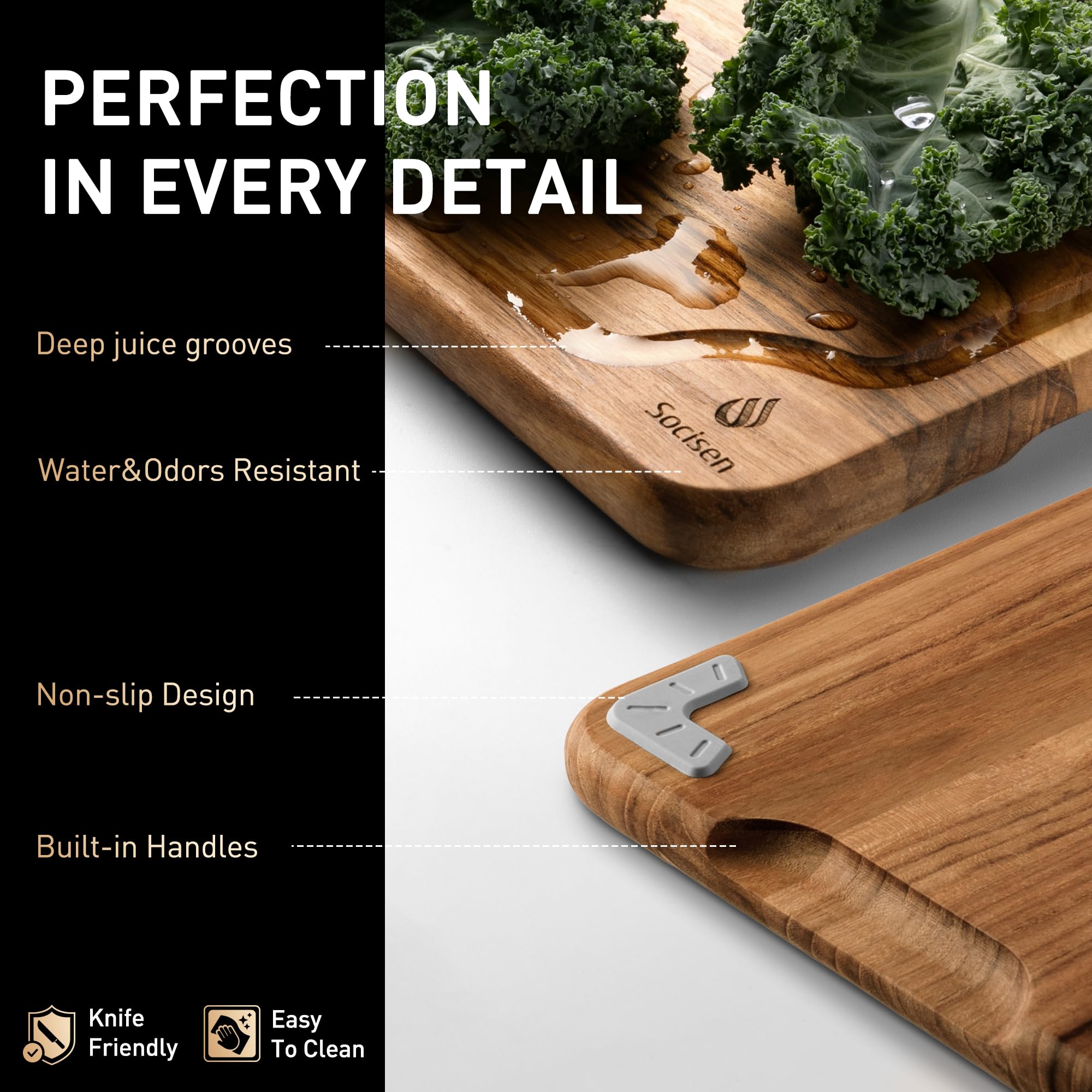 Socisen teak cutting boards non-slip base ensuring stable chopping on countertops.